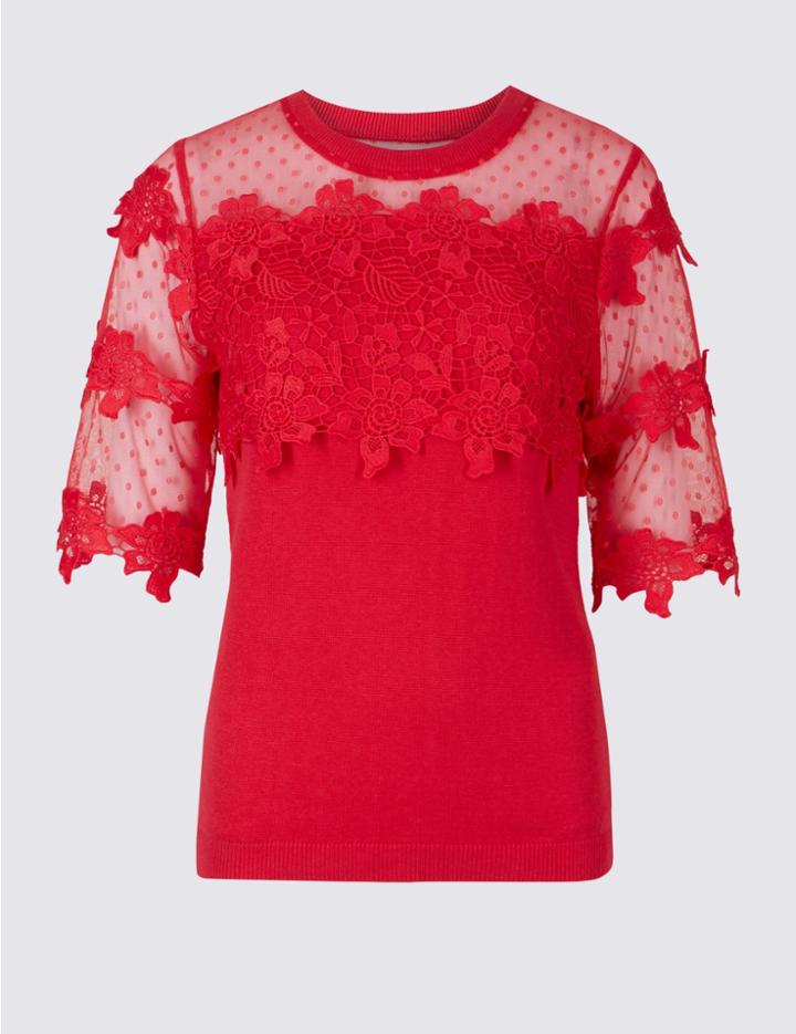 Marks & Spencer Cotton Bend Lace Round Neck Jumper Bright Red