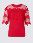 Marks & Spencer Cotton Bend Lace Round Neck Jumper Bright Red