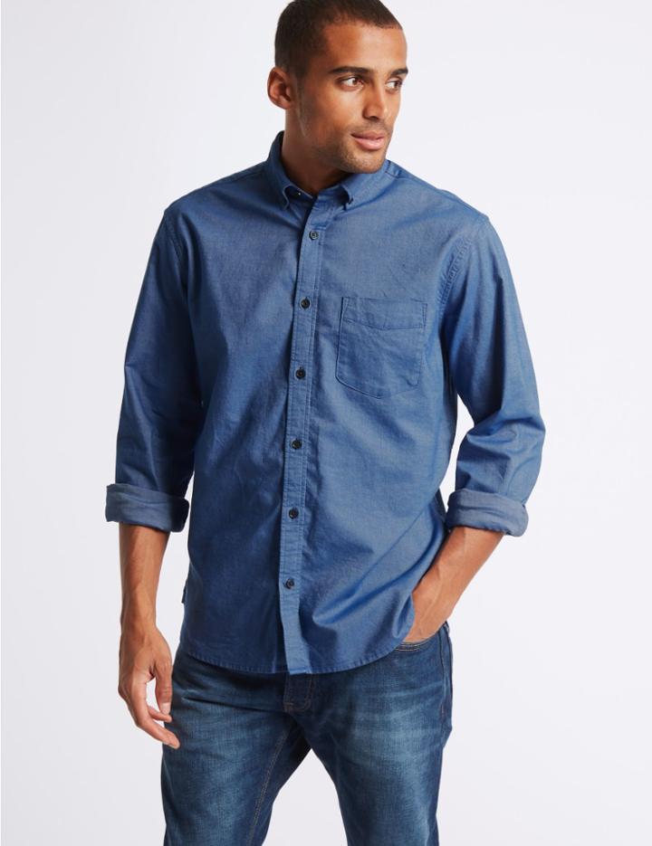 Marks & Spencer Pure Cotton Oxford Shirt With Pocket Bright Blue