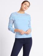 Marks & Spencer Floral Lace Mesh Sleeve Jumper Blue
