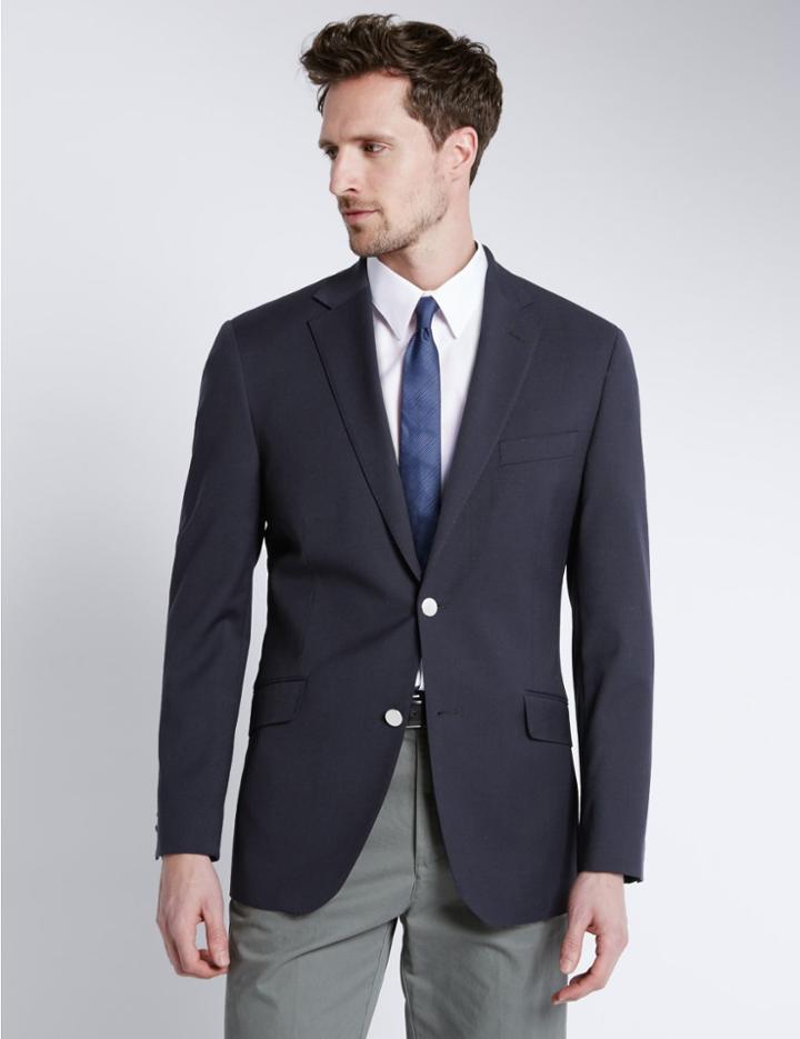 Marks & Spencer Performance Wool Blend 2 Button Blazer With Odegon&trade; Navy