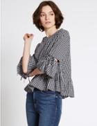 Marks & Spencer Pure Cotton Checked Flared Sleeve Blouse Black Mix