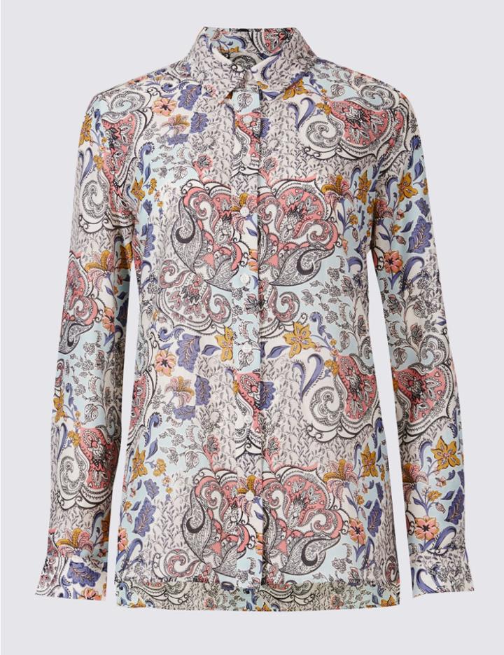 Marks & Spencer Cotton & Silk Blend Paisley Print Shirt Ivory Mix