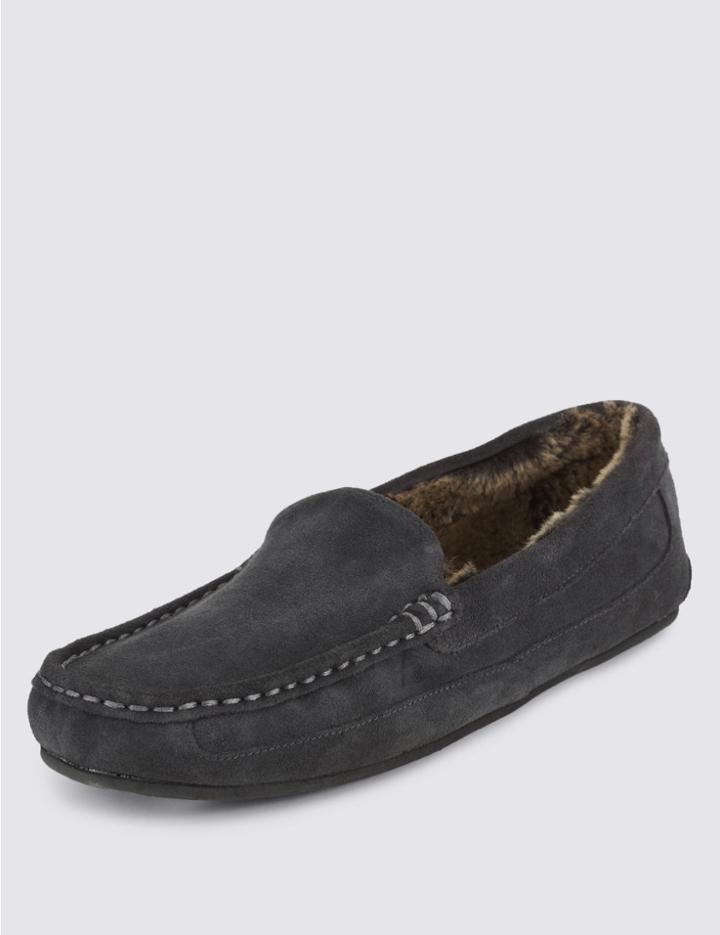 Marks & Spencer Suede Moccasin Slippers With Thinsulate&trade; Grey