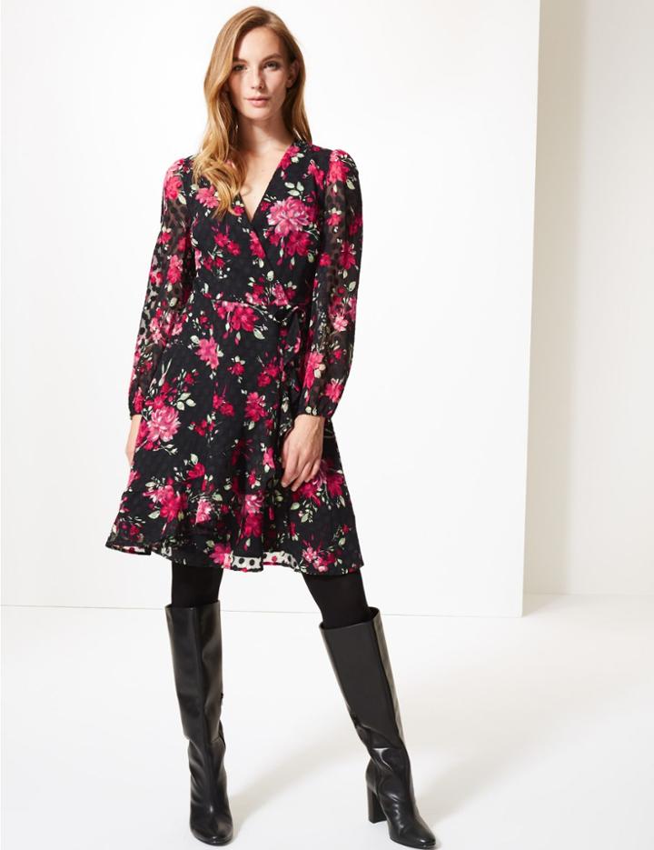 Marks & Spencer Spotted Long Sleeve Wrap Dress Black Mix