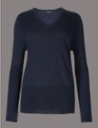 Marks & Spencer Modal Blend V-neck Bubble Sleeve Jumper Navy