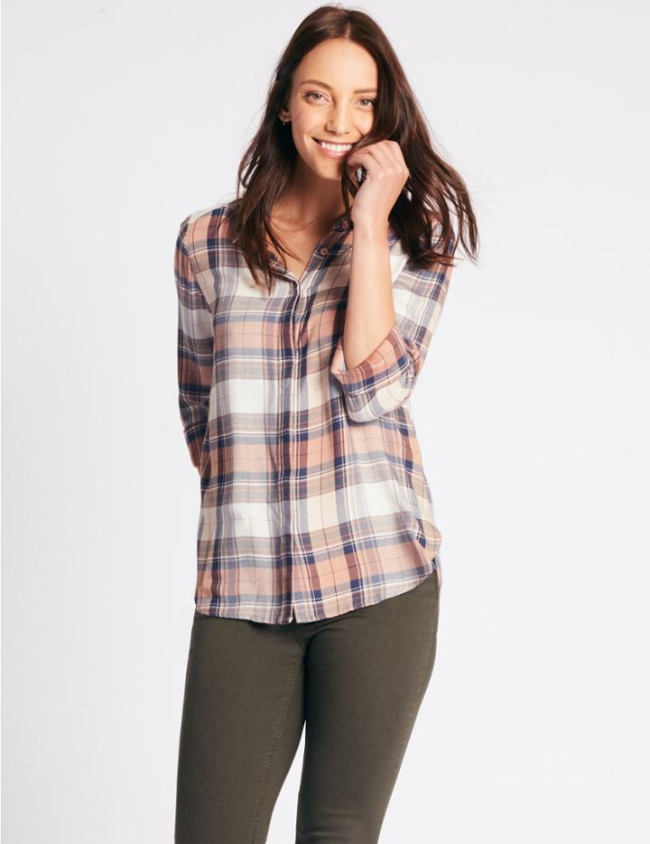 Marks & Spencer Lurex Checked Long Sleeve Shirt Pink Mix