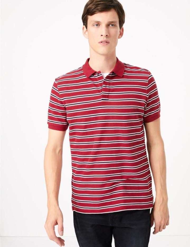 Marks & Spencer Pure Cotton Striped Polo Shirt Red