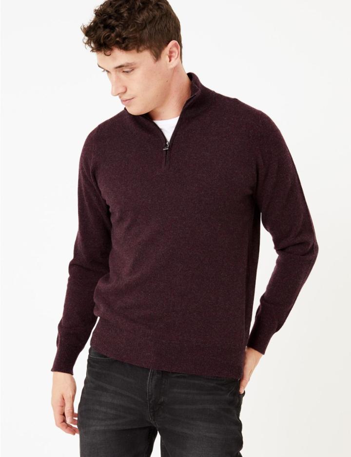 Marks & Spencer Pure Cashmere Half Zip Funnel Neck Jumper Dark Berry