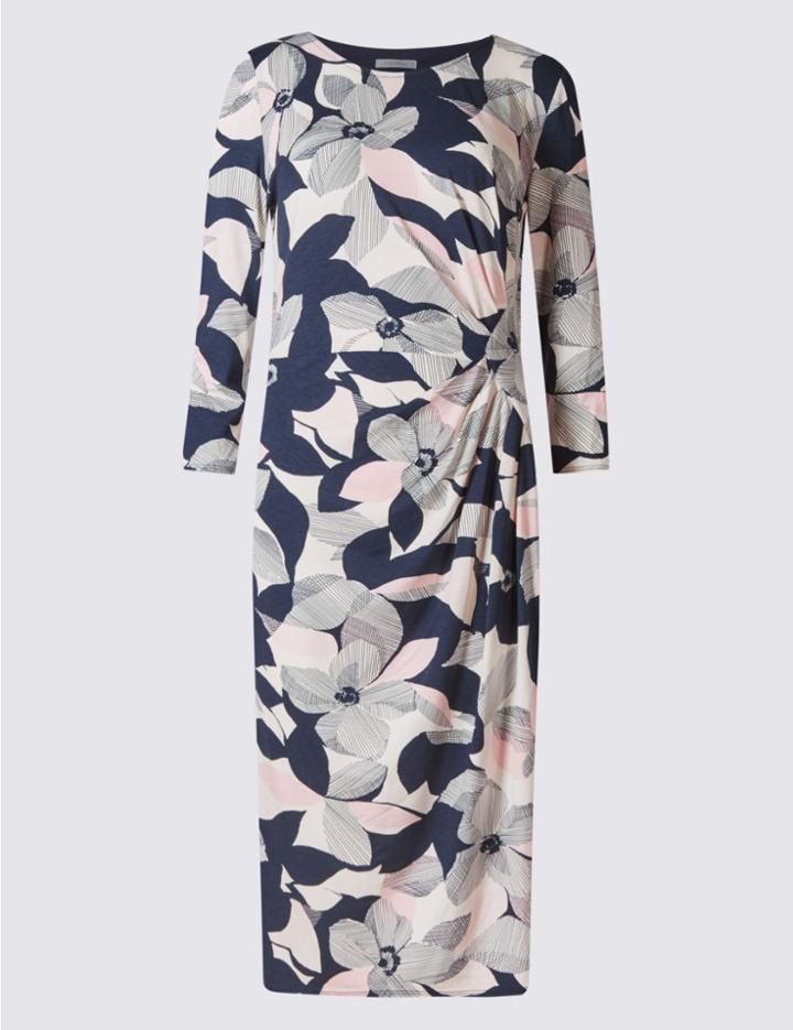 Marks & Spencer Floral Print 3/4 Sleeve Shift Dress Navy Mix