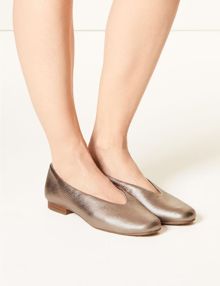 Marks & Spencer Leather High Cut Ballerina Pumps Gold