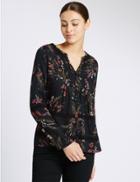 Marks & Spencer Floral Print Notch Neck Long Sleeve Blouse Black Mix