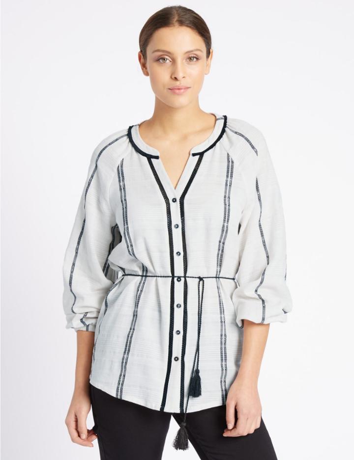 Marks & Spencer Pure Cotton Striped Long Sleeve Blouse Ivory Mix