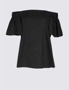 Marks & Spencer Pure Cotton Poplin Half Sleeve Bardot Top Black