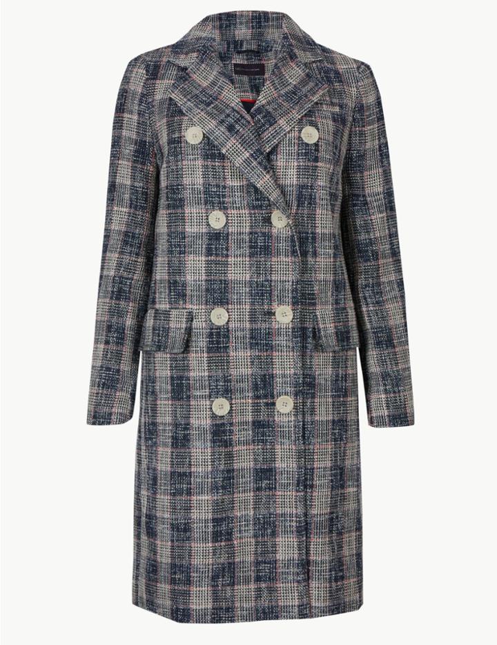 Marks & Spencer Petite Checked Double Breasted Coat Blue Mix