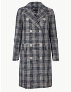 Marks & Spencer Petite Checked Double Breasted Coat Blue Mix