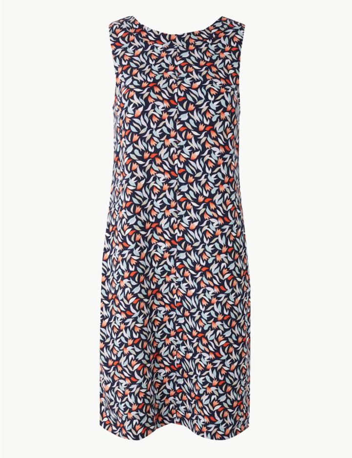Marks & Spencer Linen Rich Printed Mini Shift Dress Navy Mix