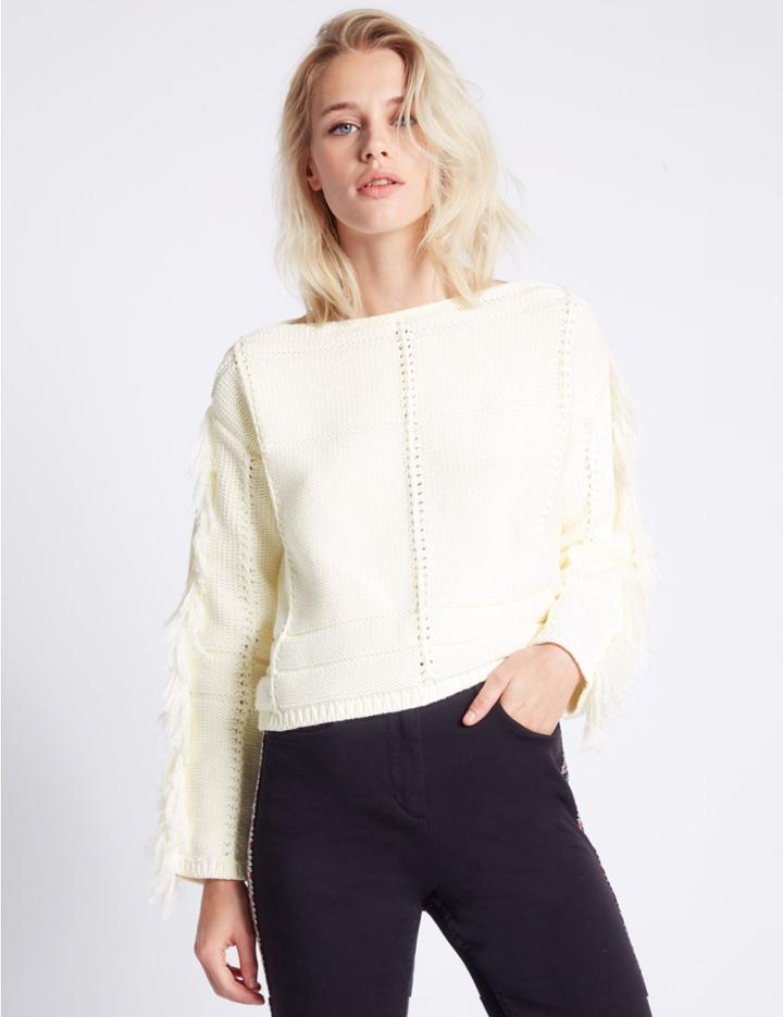 Marks & Spencer Pure Cotton Boxy Fringe Slash Neck Jumper Ivory
