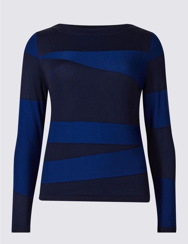 Marks & Spencer Spliced Textured Round Neck Jumper Rich Blue