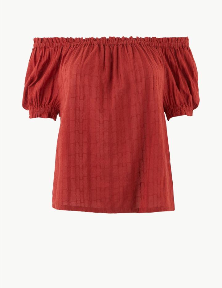 Marks & Spencer Pure Cotton Textured Short Sleeve Blouse Dark Orange