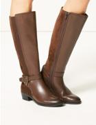 Marks & Spencer Leather Block Heel Strap Knee Boots Chocolate