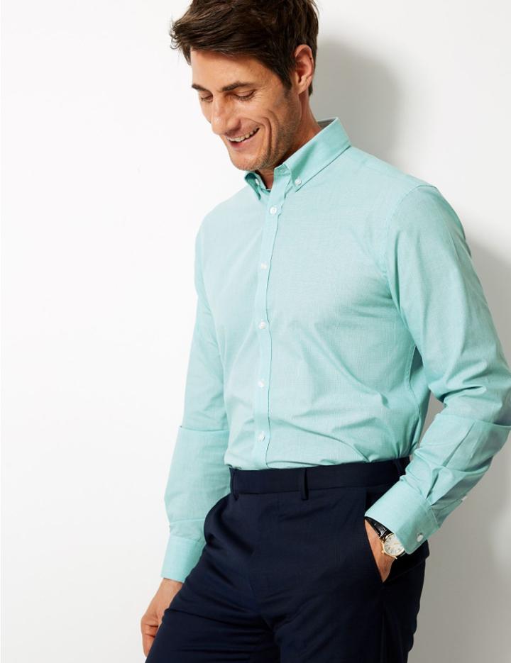 Marks & Spencer Cotton Blend Tailored Fit Shirt Aqua