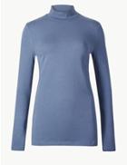 Marks & Spencer Cotton Rich Funnel Neck Long Sleeve T-shirt Blue