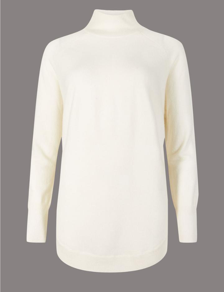 Marks & Spencer Pure Cashmere Curved Hem Funnel Neck Jumper Cream Mix