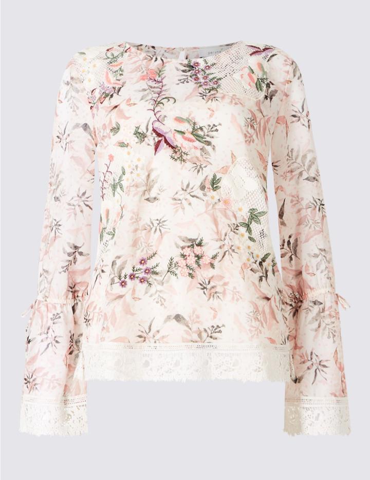 Marks & Spencer Floral Print Mesh Lace Long Sleeve Blouse Multi