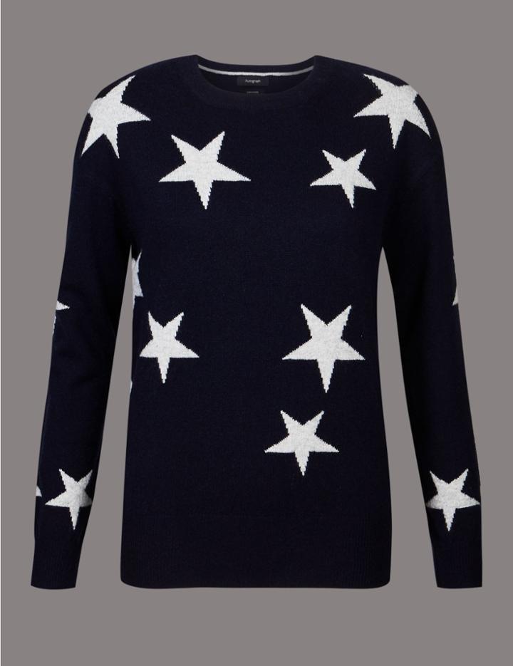 Marks & Spencer Pure Cashmere Oversized Star Jumper Navy Mix
