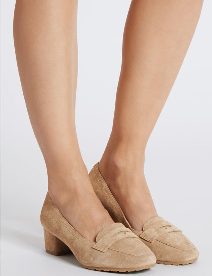 Marks & Spencer Wide Fit Suede Block Heel Court Shoes Stone
