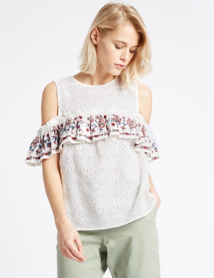 Marks & Spencer Cotton Rich Embroidered Sleeveless Vest Top Ivory Mix