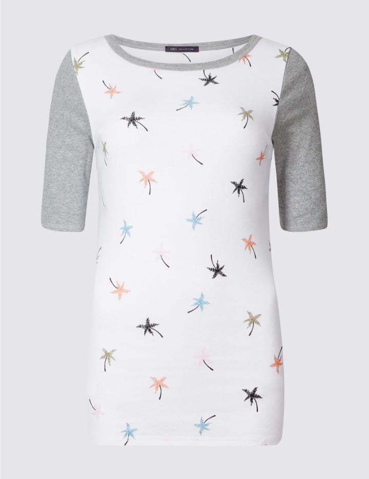 Marks & Spencer Pure Cotton Palm Print Half Sleeve T-shirt White Mix