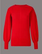 Marks & Spencer Wool Blend Round Neck Bell Sleeve Jumper Red
