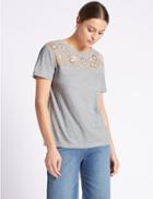 Marks & Spencer Cotton Rich Embroidered Jersey Top Grey Marl