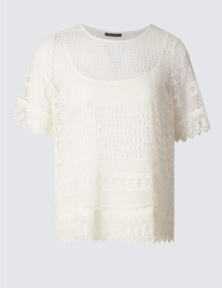 Marks & Spencer Plus All Over Lace Short Sleeve Jersey Top Ivory