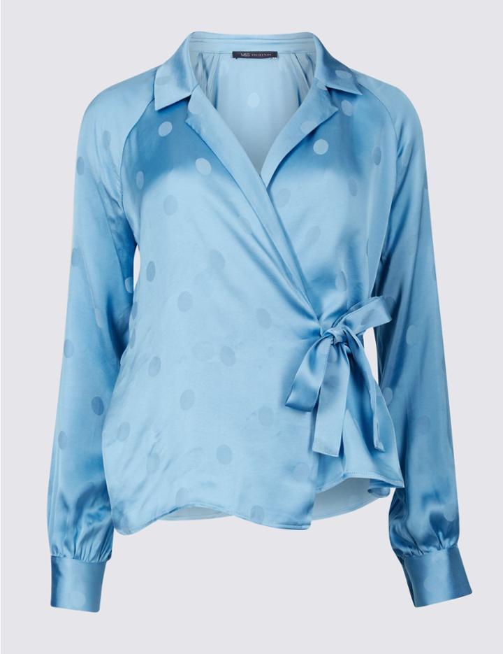 Marks & Spencer Spotted Satin V-neck Long Sleeve Blouse Light Blue