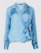 Marks & Spencer Spotted Satin V-neck Long Sleeve Blouse Light Blue