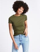 Marks & Spencer Cotton Rich Round Neck Short Sleeve T-shirt With Stretch Khaki