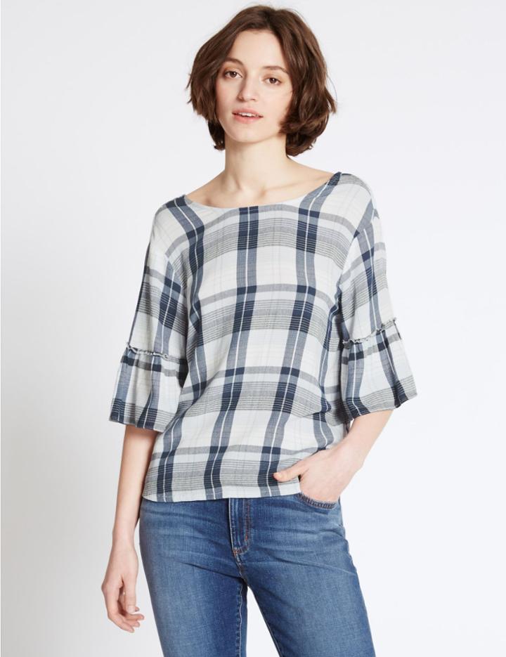 Marks & Spencer Checked Round Neck Half Sleeve Shell Top Navy Mix