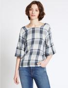 Marks & Spencer Checked Round Neck Half Sleeve Shell Top Navy Mix