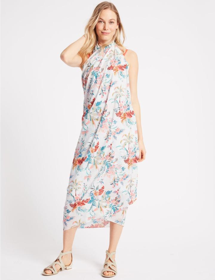 Marks & Spencer Pure Cotton Floral Print Scarf Cream