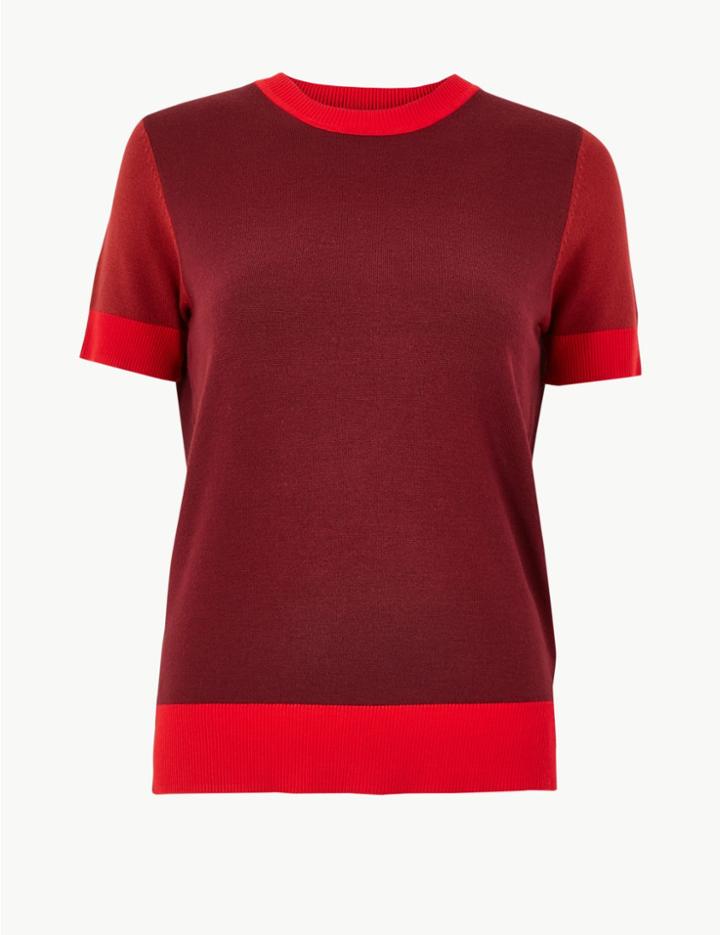 Marks & Spencer Colour Block Short Sleeve Knitted Top Red Mix