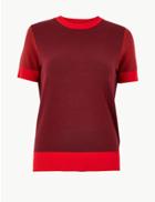 Marks & Spencer Colour Block Short Sleeve Knitted Top Red Mix