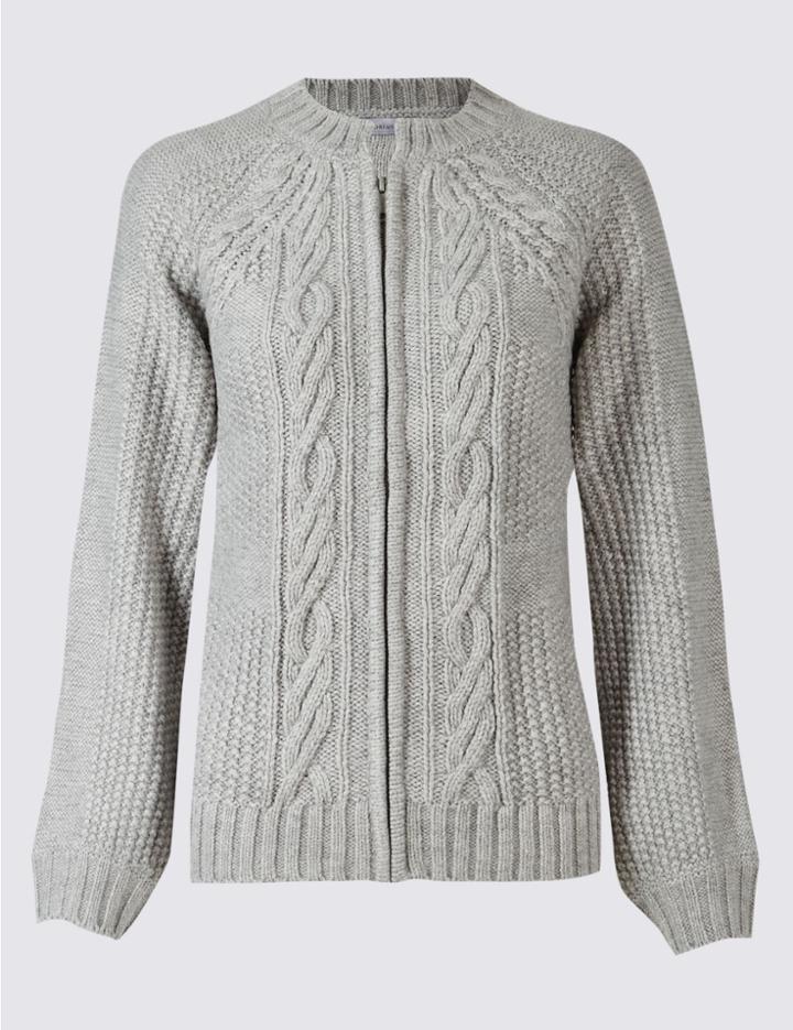 Marks & Spencer Cable Knit Round Neck Cardigan Silver Grey