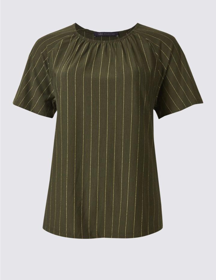 Marks & Spencer Striped Round Neck Short Sleeve T-shirt Green Mix