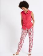 Marks & Spencer Linen Rich Tapered Leg Trousers Pink Mix