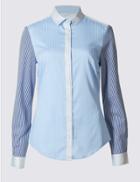 Marks & Spencer Cotton Rich Striped Fuller Bust Shirt Blue Mix