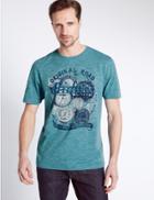 Marks & Spencer Cotton Blend Printed Crew Neck T-shirt Teal