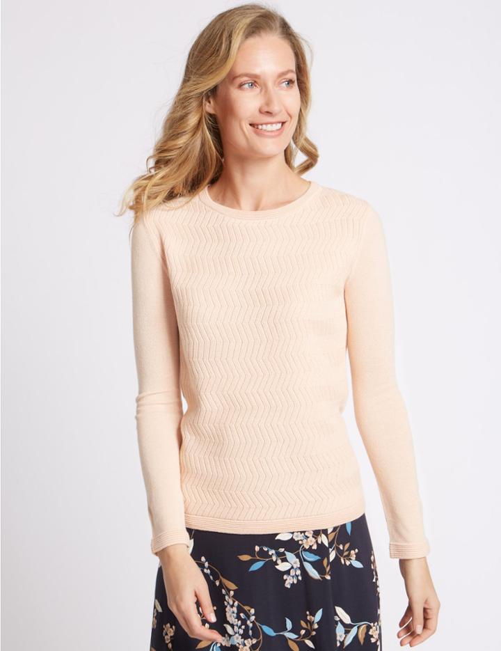 Marks & Spencer Textured Back Zip Round Neck Jumper Soft Peach